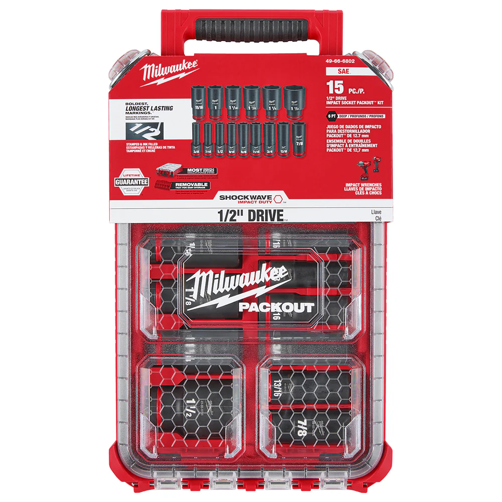 Milwaukee 49-66-6802 SHOCKWAVE 1/2 Impact Duty Socket SAE PACKOUT Set - 15 PC