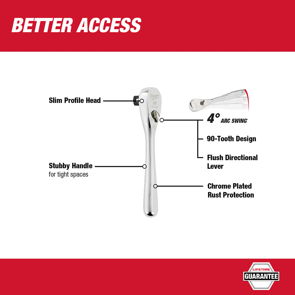 Milwaukee 48-22-9036 3/8 Drive 5 Ratchet Chrome Plated w/ Stubby Handle