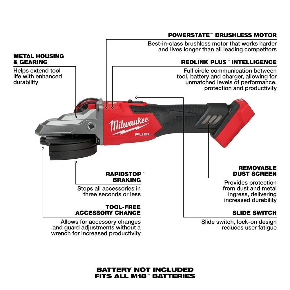 Milwaukee 2887-80 M18 FUEL 18V 5 Flathead Braking Grinder - Recon - Bare Tool