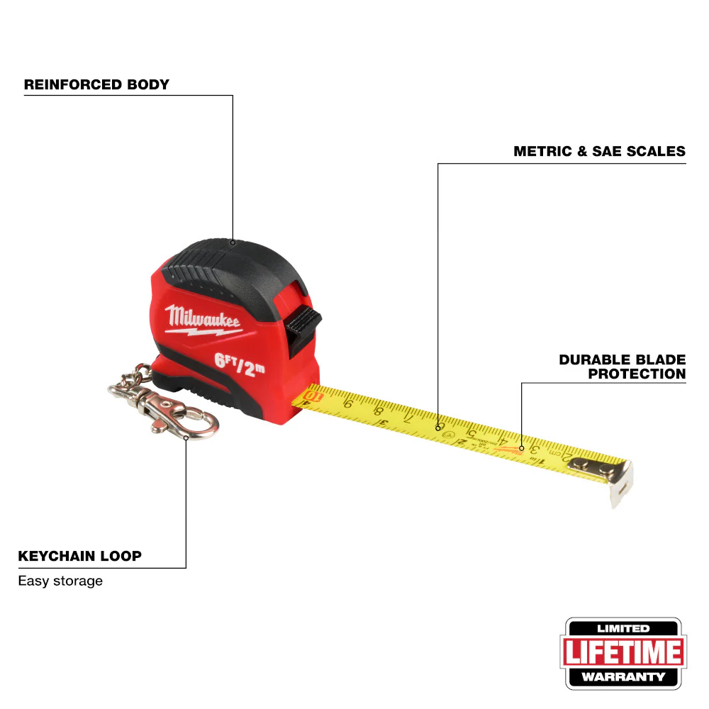 Milwaukee 48- 22-1706 6ft-2m Metric/SAE Durable Keychain Tape Measure