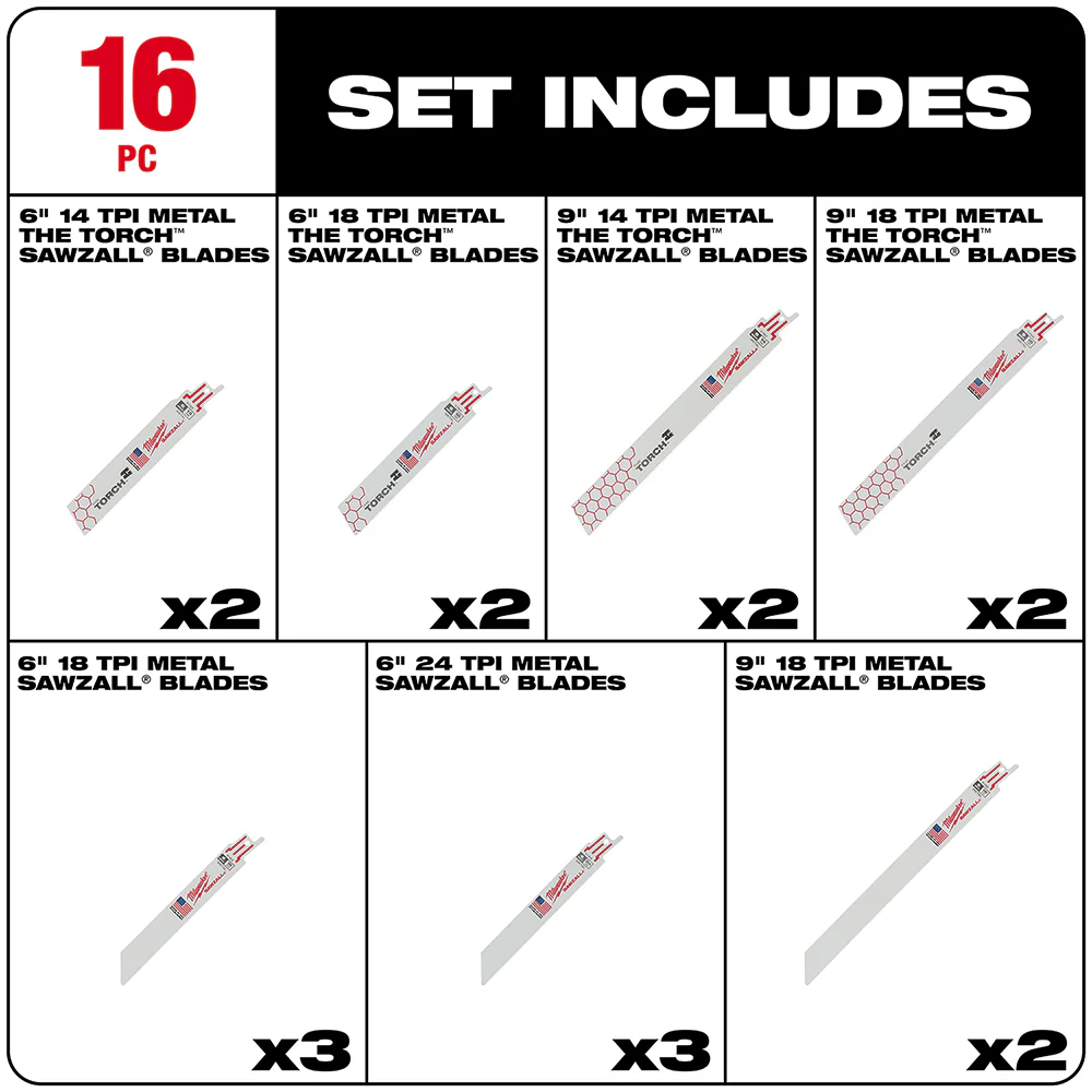 Milwaukee 49-22-1216 SAWZALL Metal Cutting Bi-Metal Reciprocating Blades - 16 PC