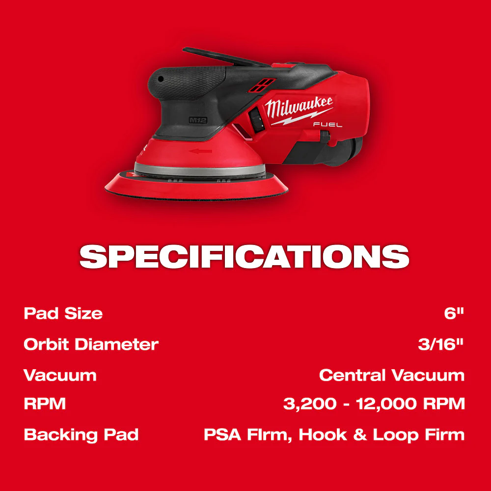 Milwaukee 2585-20 M12 FUEL 12V 6 Random Orbital Sander (3/16) - Bare Tool