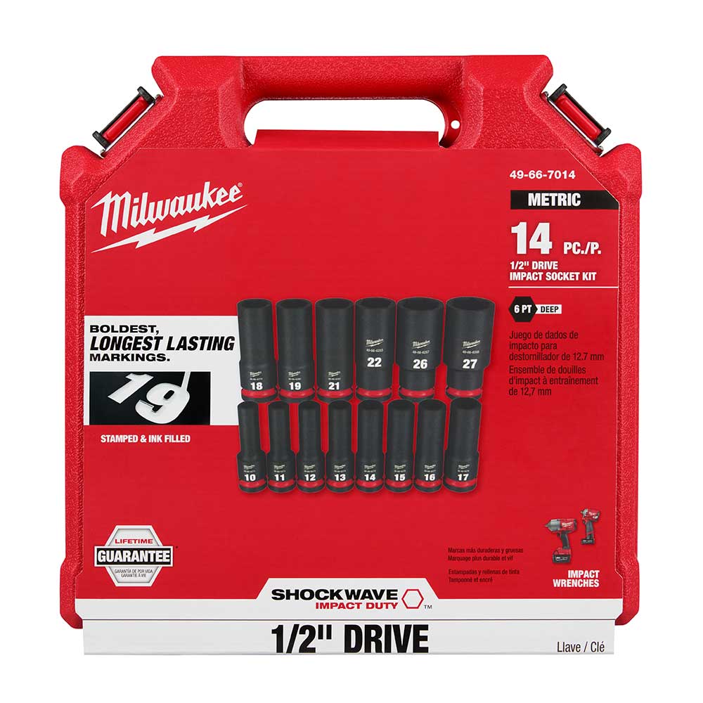 Milwaukee 49-66-7014 SHOCKWAVE 1/2 Impact Duty Metric Deep Socket Set - 14 PC