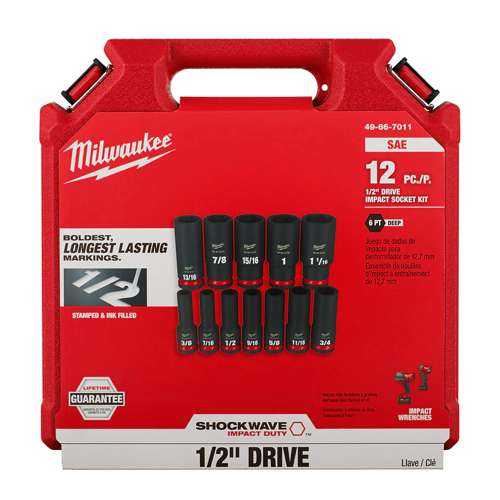 Milwaukee 49-66-7011 SHOCKWAVE 1/2 Drive SAE 6 Point Impact Socket Set - 12PC