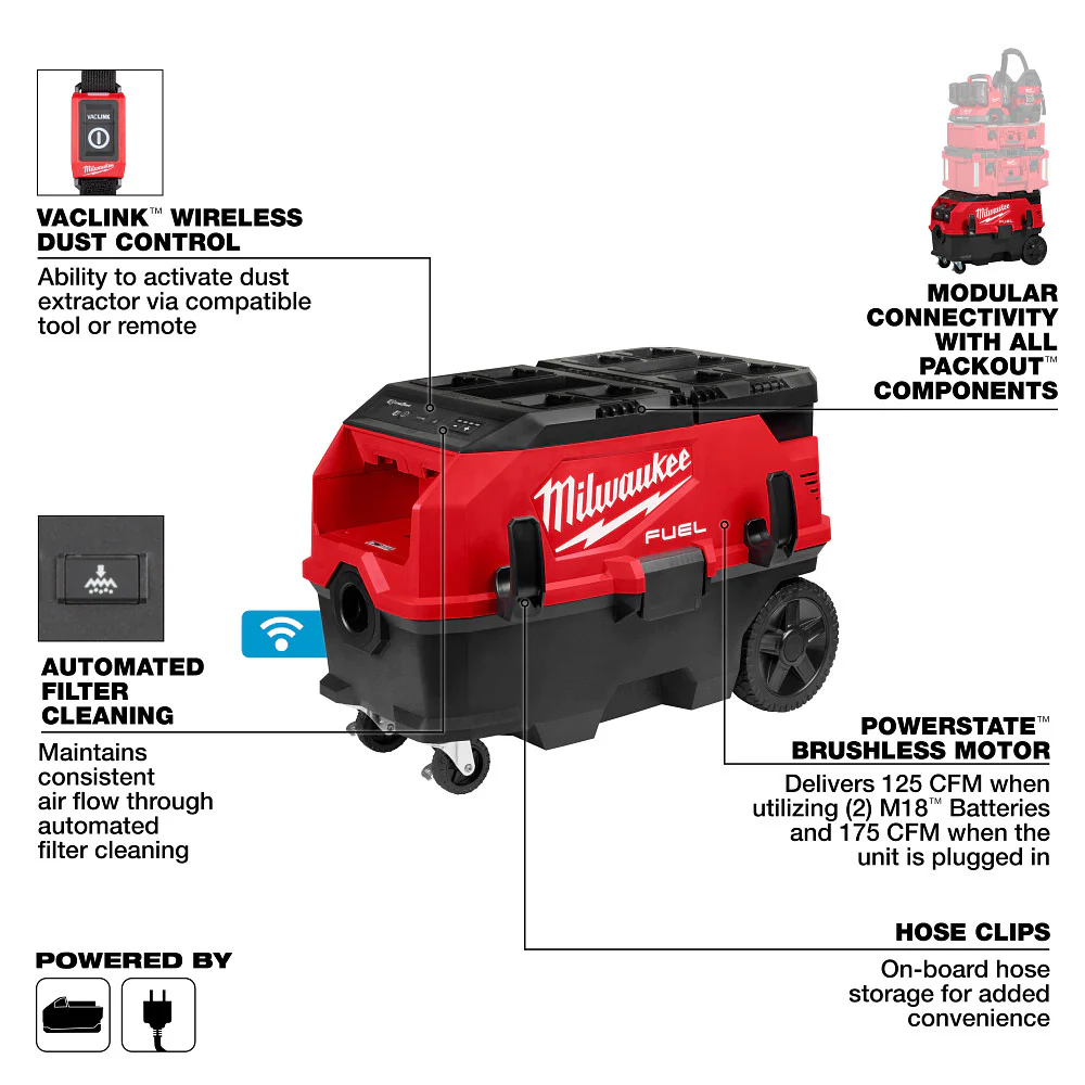 Milwaukee 0888-20 M18 FUEL 18V 9 Gallon Dual Battery Dust Extractor - Bare Tool