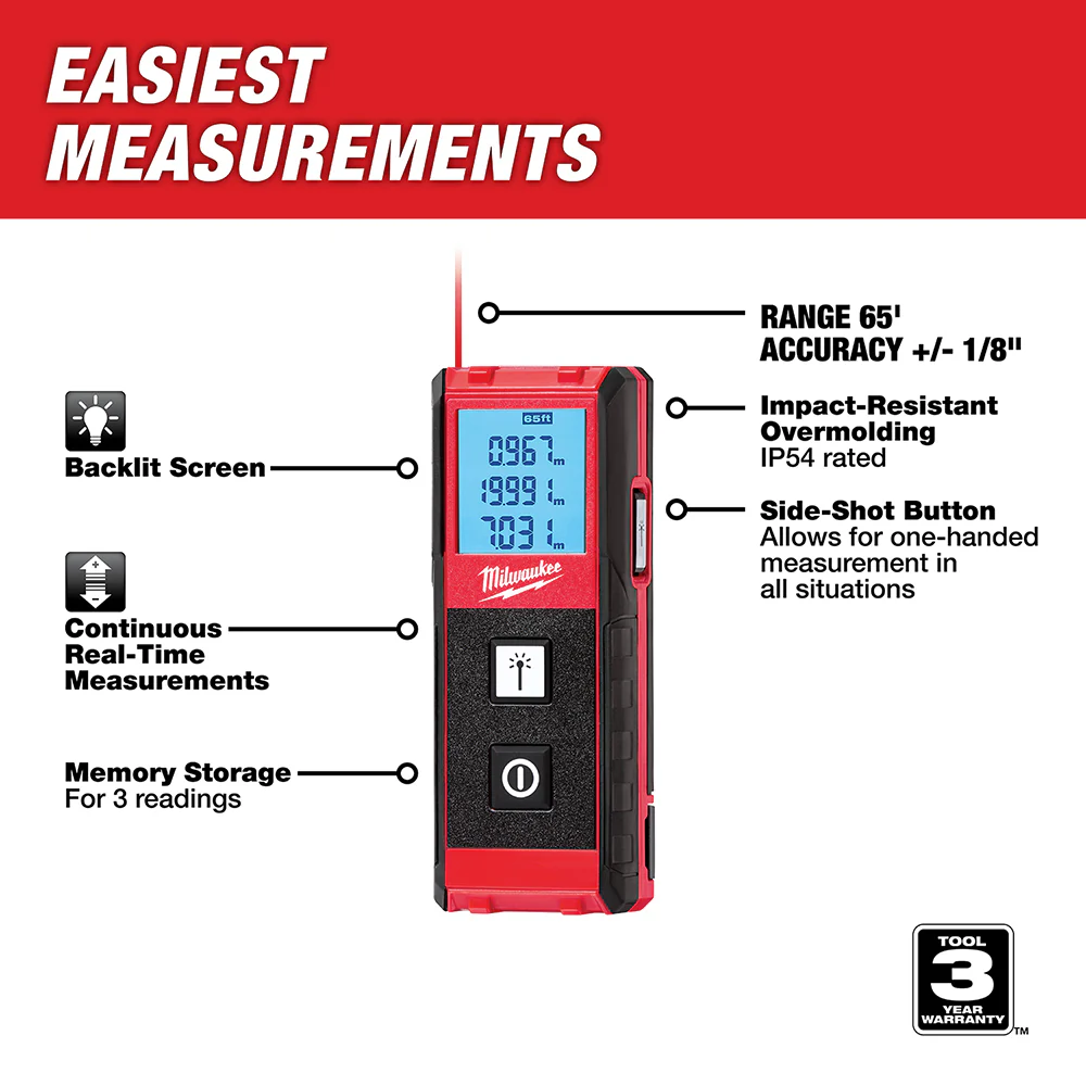 Milwaukee 48-22-9801 65-Foot Impact Resistant Measuring Laser Distance Meter