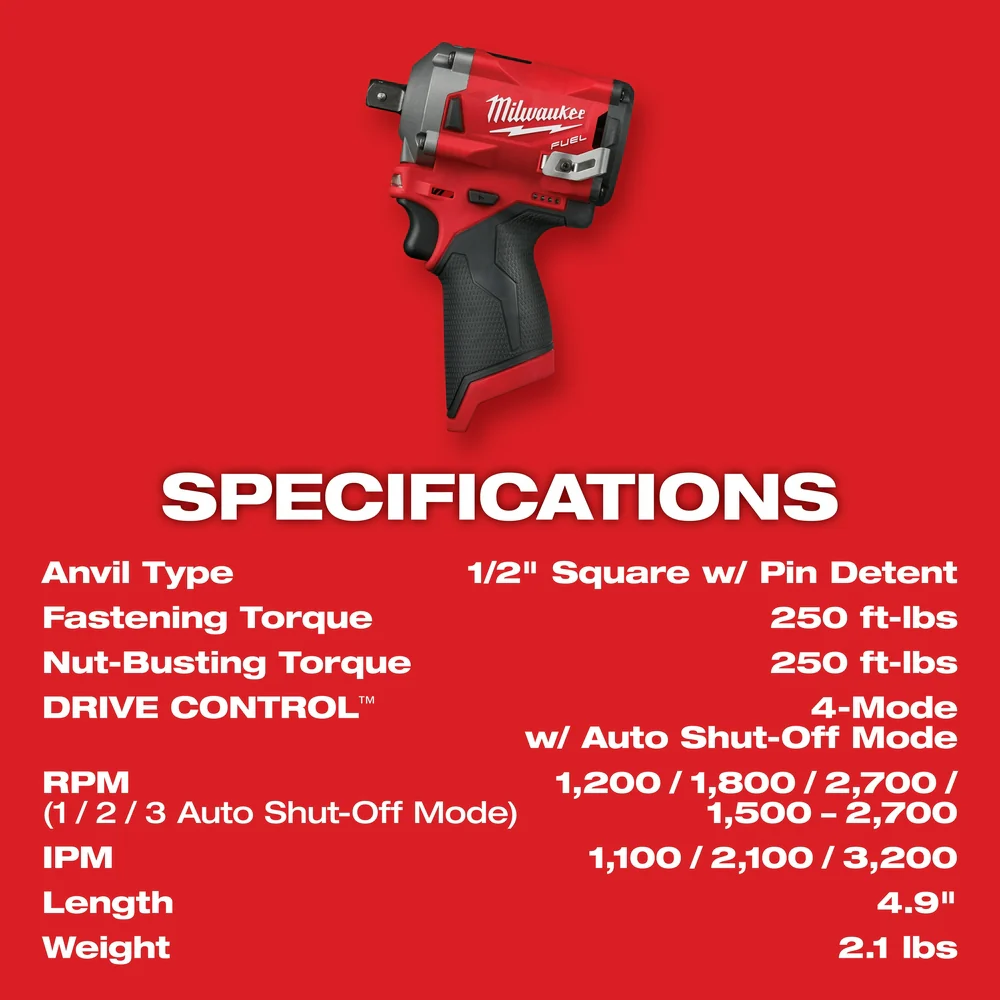 Milwaukee 2555-P80 M12 FUEL 12V 1/2 Cordless Stubby Impact - Reconditioned