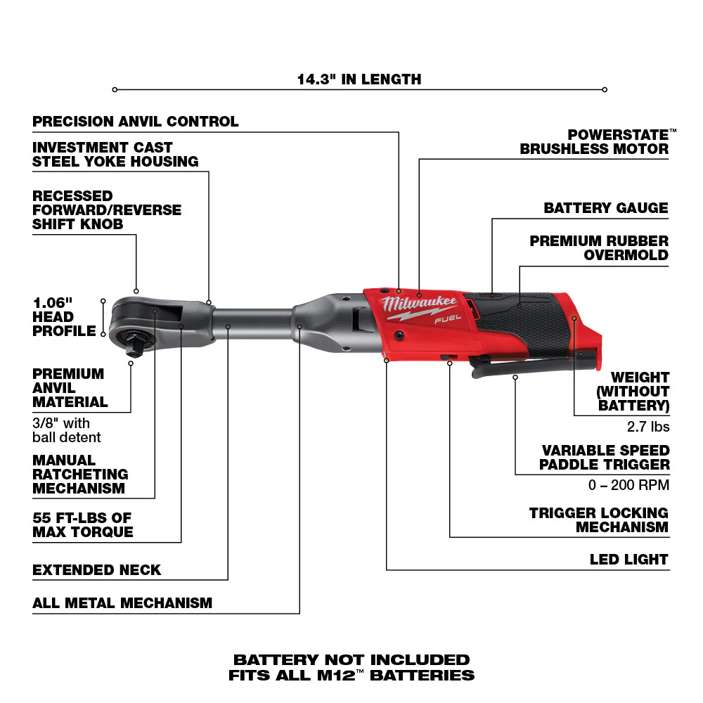 Milwaukee 2560-80 M12 FUEL 3/8 Cordless Extended Reach Ratchet - Bare Tool