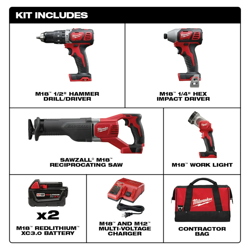 Milwaukee 2696-24 M18 18V Cordless Power Lithium-Ion 4-Tool Combo Kit