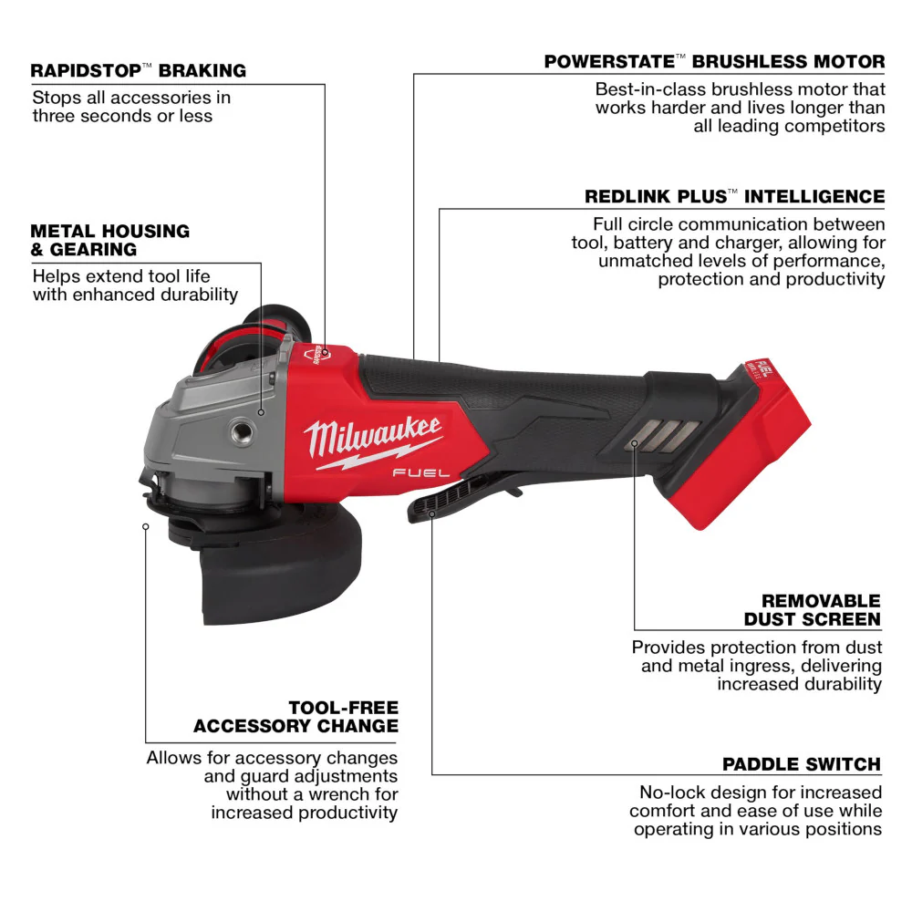 Milwaukee 2912-20 M18 FUEL 18V 1 SDS Plus Rotary Hammer w/ 4-1/2 / 5 Grinder