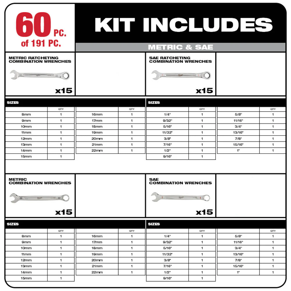 Milwaukee 48-22-9489 Heavy Duty Metric/SAE Mechanics Tool Set 191 PC