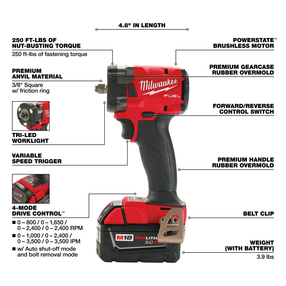 Milwaukee 2854-80 M18 FUEL 18V 3/8 Compact Impact Wrench - Recon - Bare Tool