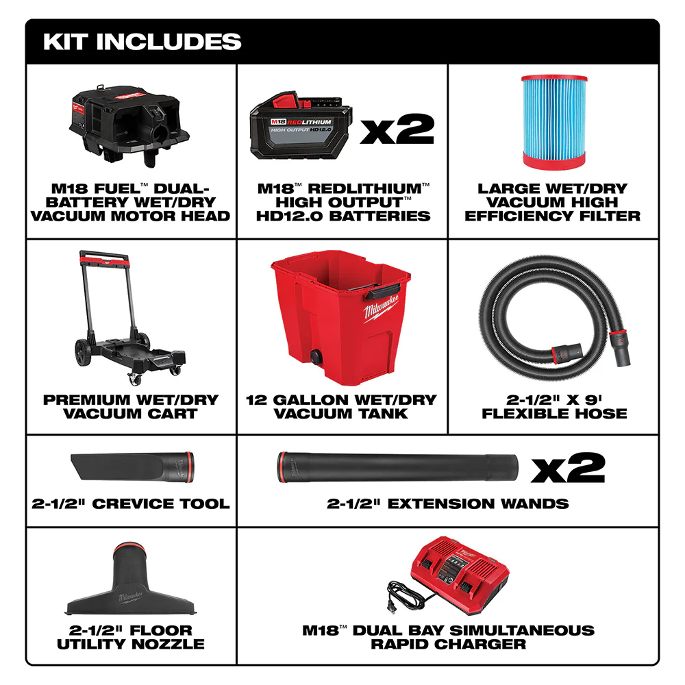 Milwaukee 0930-22HD M18 FUEL 12 Gallon Dual-Battery Wet/Dry Vacuum Kit