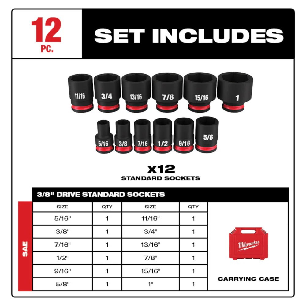 Milwaukee 49-66-7005 3/8 Drive SAE Standard 6 Point Impact Socket Set - 12 PC