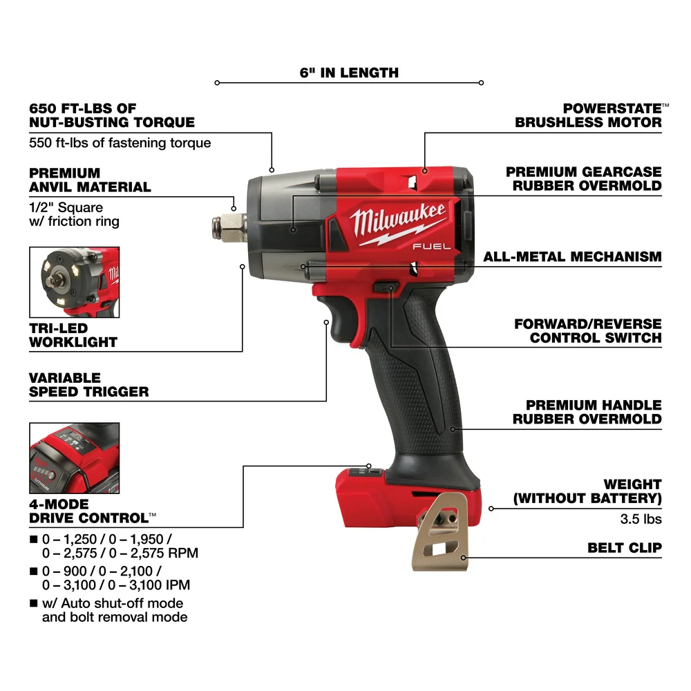 Milwaukee 2962-20X5 M18 FUEL 18V 1/2 Mid-Torque Impact Wrench w/ 5Ah Battery
