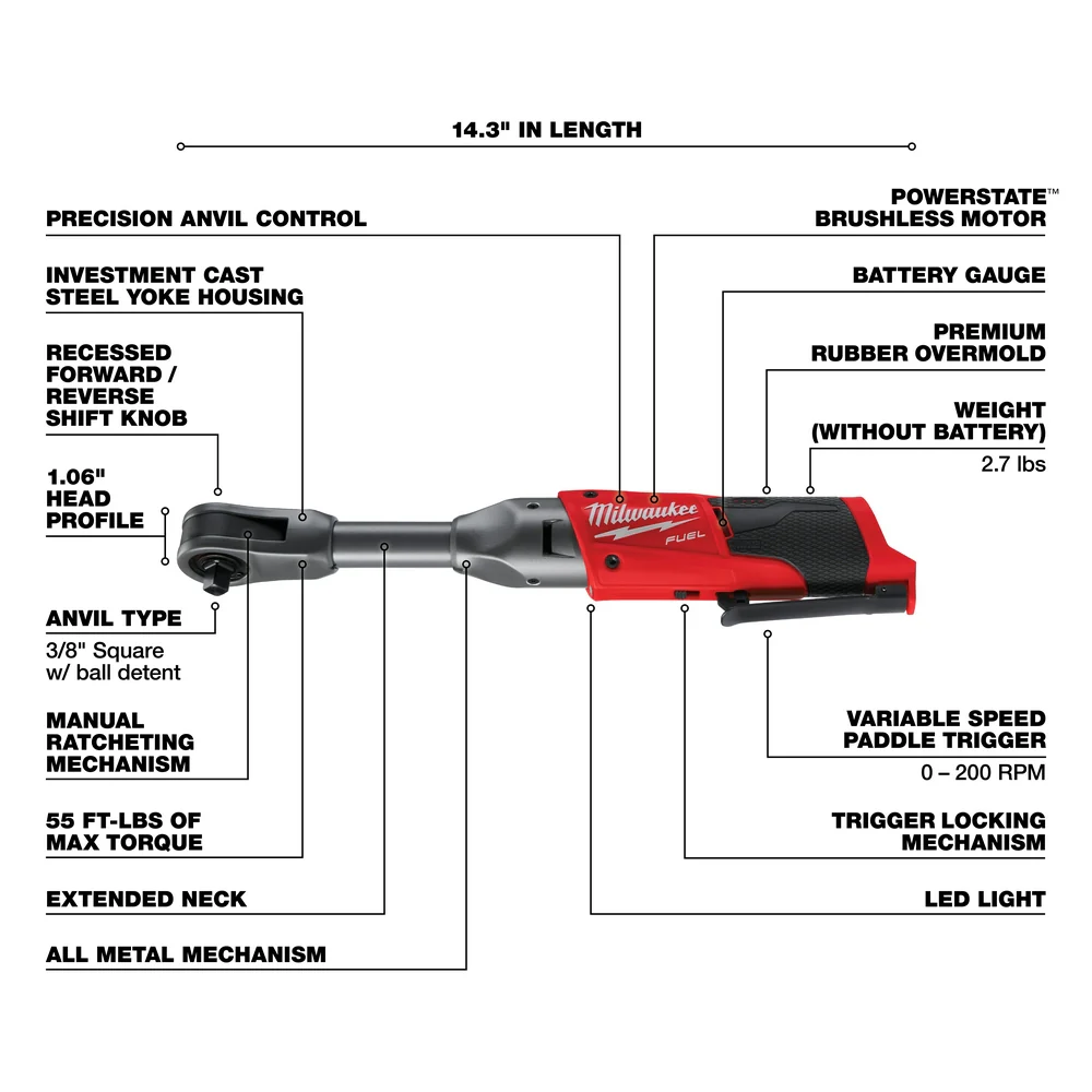 Milwaukee 2560-20 M12 FUEL 12V 3/8 Inch Extended Reach Ratchet Bare Tool