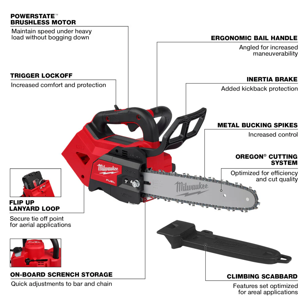 Milwaukee 2826-20C M18 FUEL 18V 12 Cordless Top Handle Chainsaw - Bare Tool