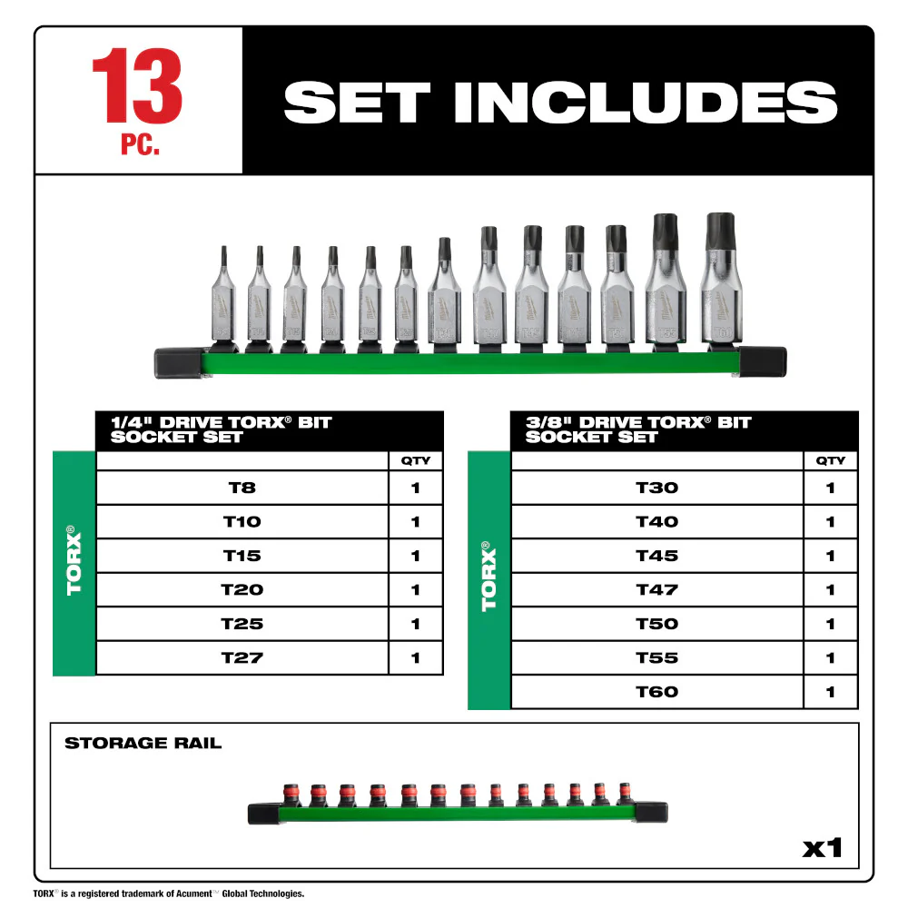 Milwaukee 48-22-9532 1/4 and 3/8 Drive TORX Bit Socket Set - 13 PC