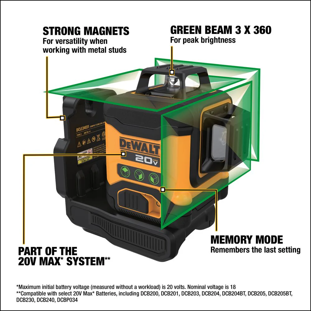 DeWALT DCLE34031D1 20V 3 x 360 Green Horizontal Line Laser Kit