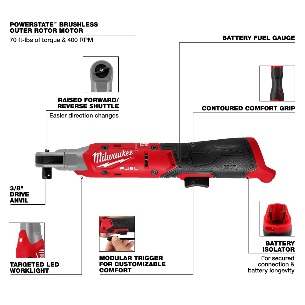 Milwaukee 3053-20 M12 FUEL 12V 3/8 Cordless Li-Ion Ratchet - Bare Tool