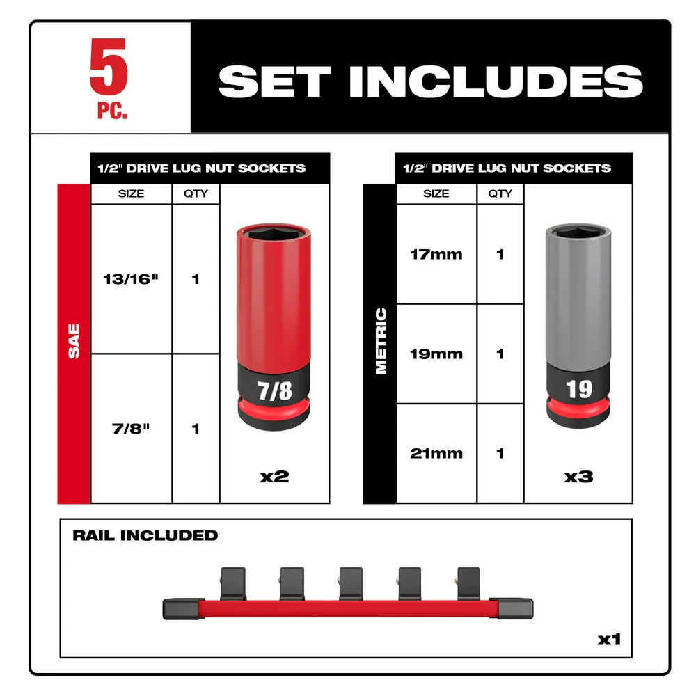Milwaukee 49-66-7831 SHOCKWAVE 1/2 SAE/Metric Lug Nut Wheel Socket Set - 5 PC