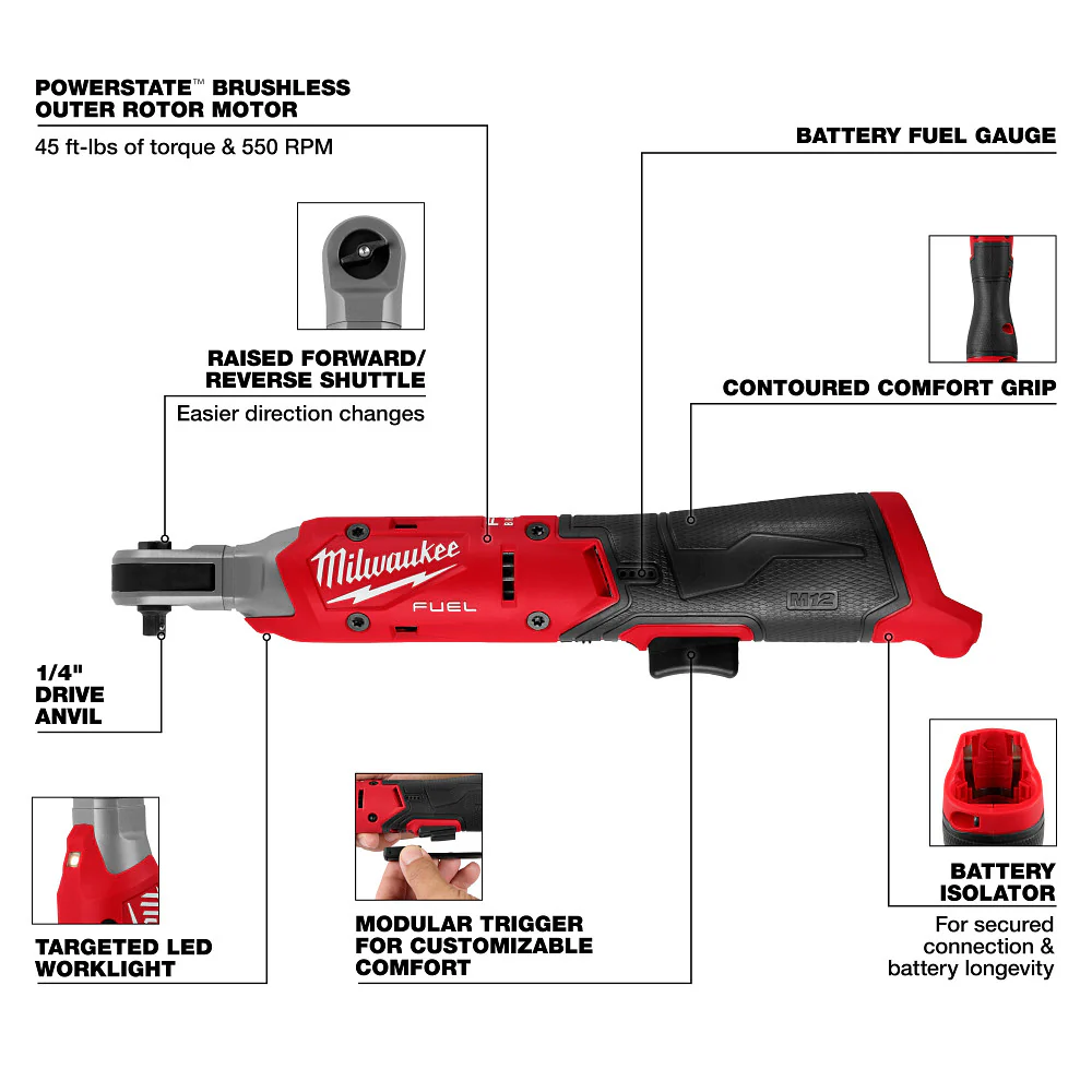 Milwaukee 3052-20 M12 FUEL 12V 1/4 Cordless Li-Ion Ratchet - Bare Tool