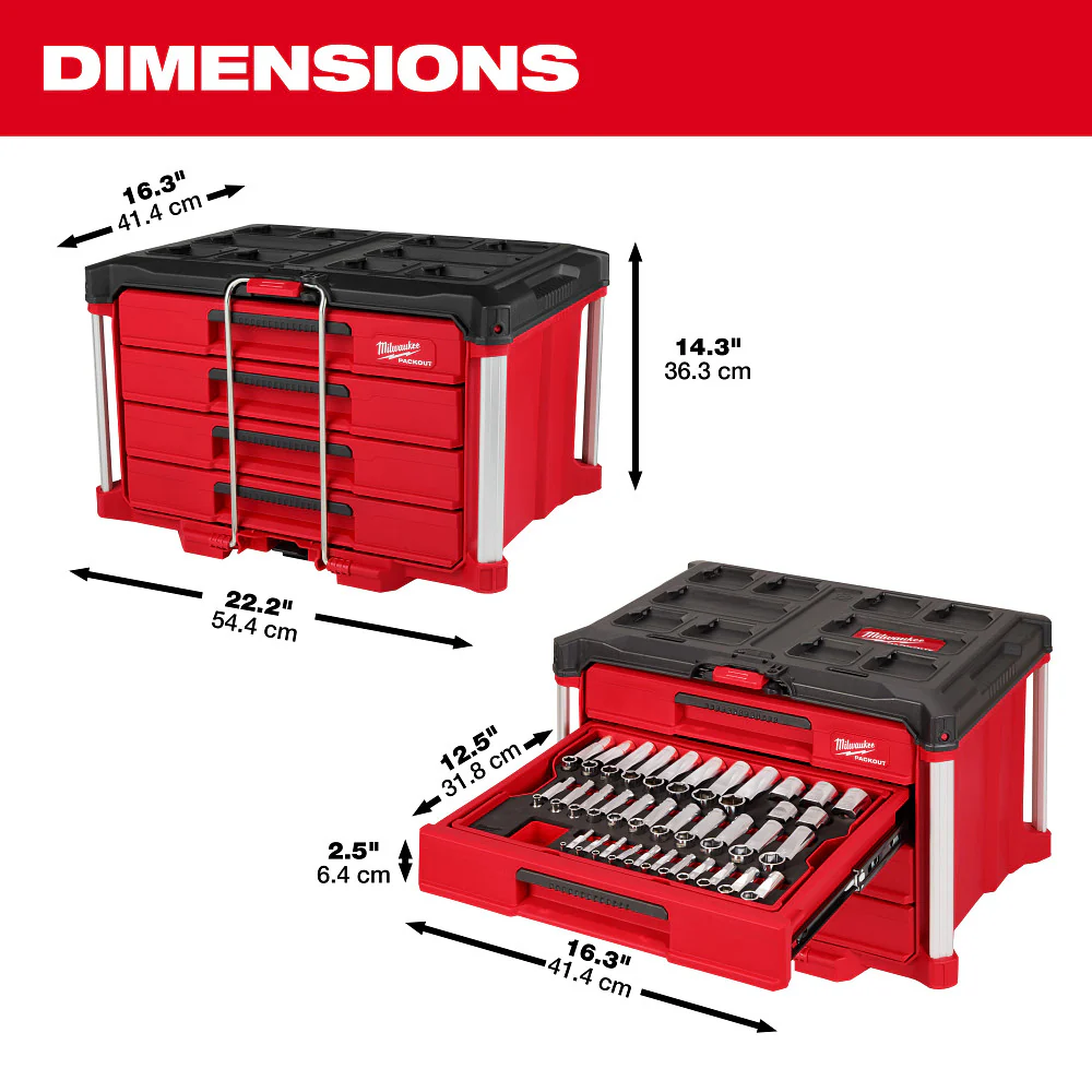 Milwaukee 48-22-9491 Metric/SAE Ratchet/Socket Set w/ PACKOUT Drawers -242PC