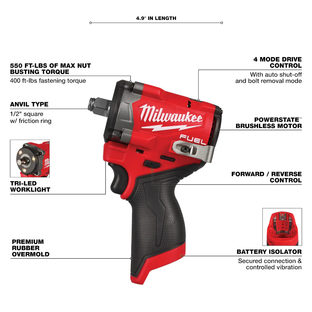 Milwaukee 2563-20 M12 FUEL 12V 1/2 Stubby Impact Wrench - Bare Tool