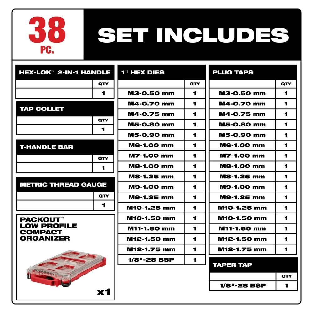 Milwaukee 49-22-5603 Metric Tap & Die PACKOUT Set w/ Hex-LOK Handle - 38 PC