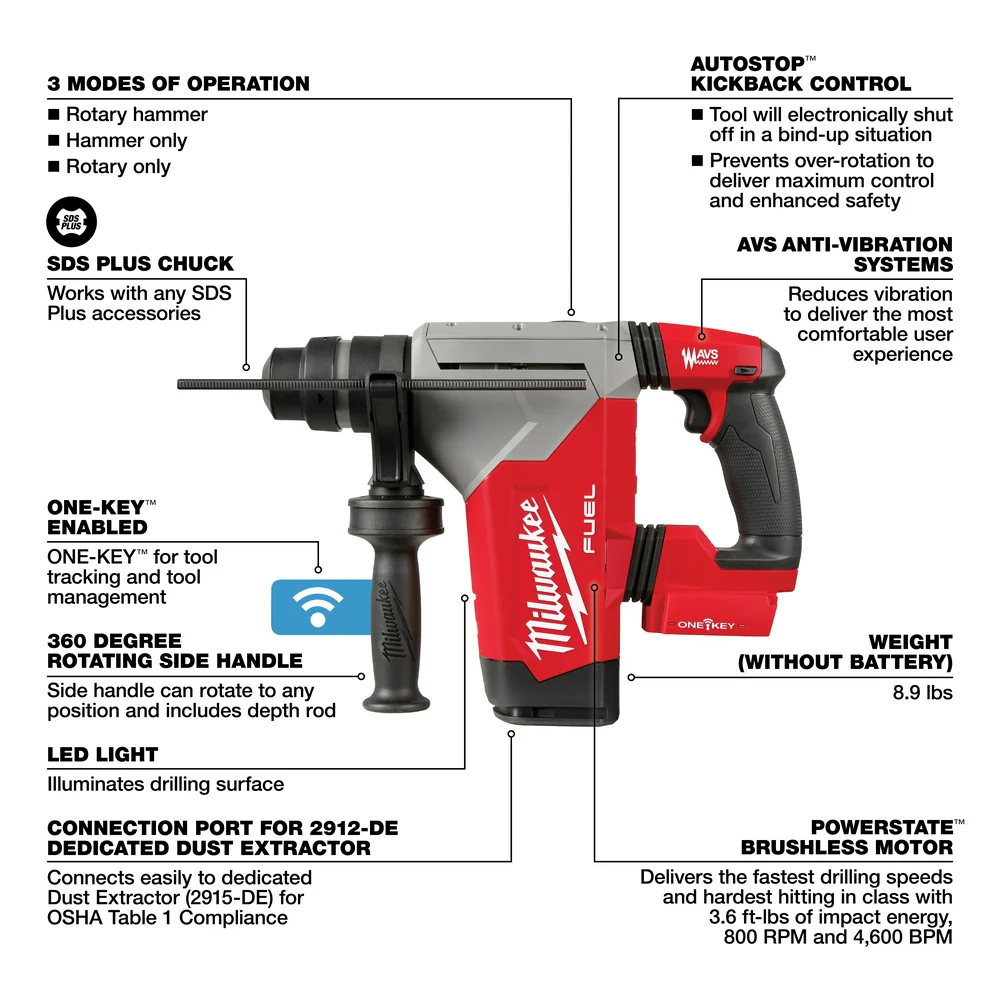 Milwaukee 2915-20 M18 FUEL 1-1/8 SDS Plus Rotary Hammer w/ ONE-KEY - Bare Tool