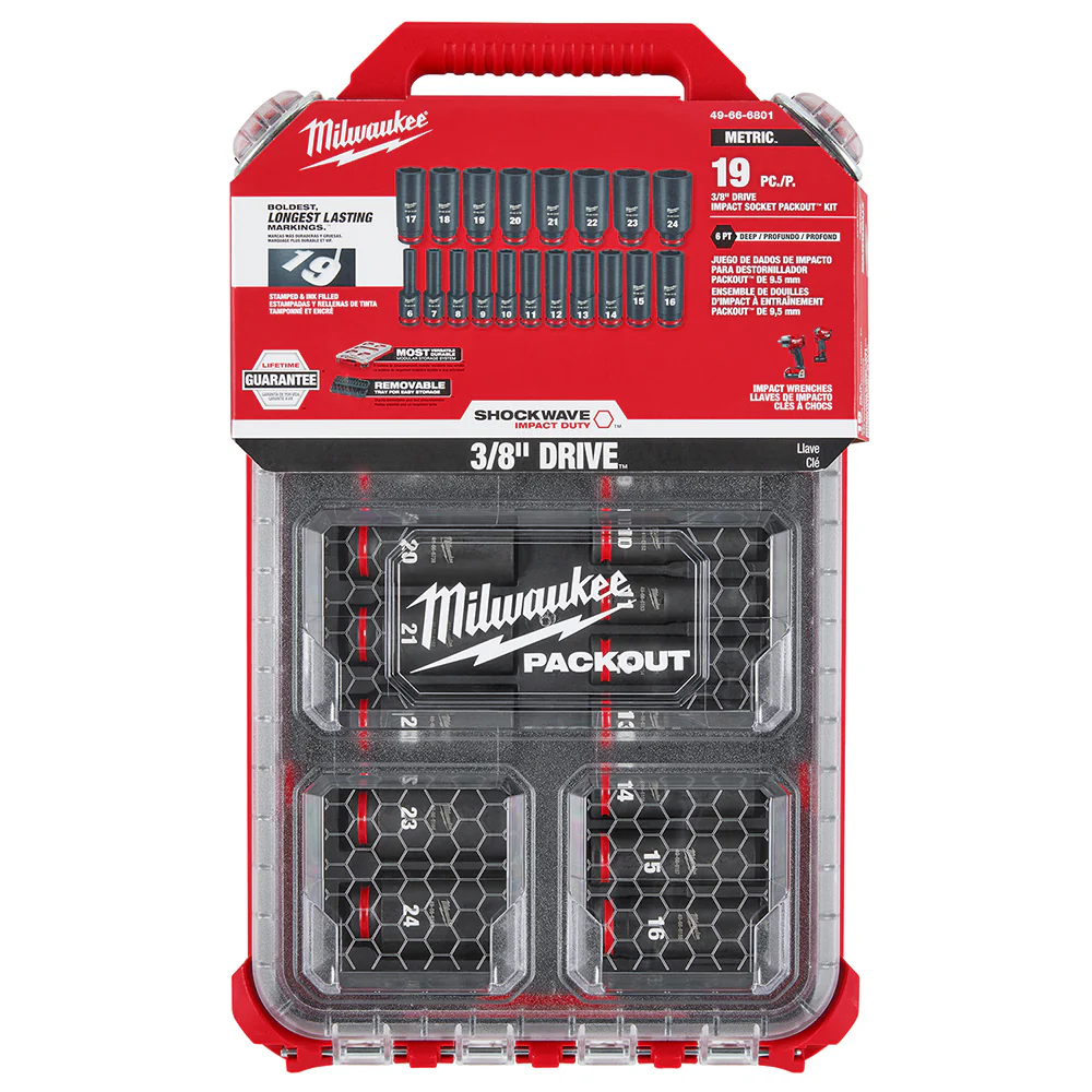 Milwaukee 49-66-6801 SHOCKWAVE 3/8 Impact Duty Socket MM PACKOUT Set - 19 PC