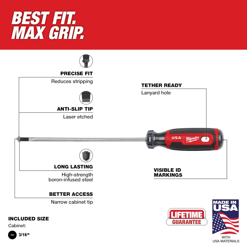 Milwaukee MT212 3/16 Cabinet 6 Cushion Grip Screwdriver - Made In USA