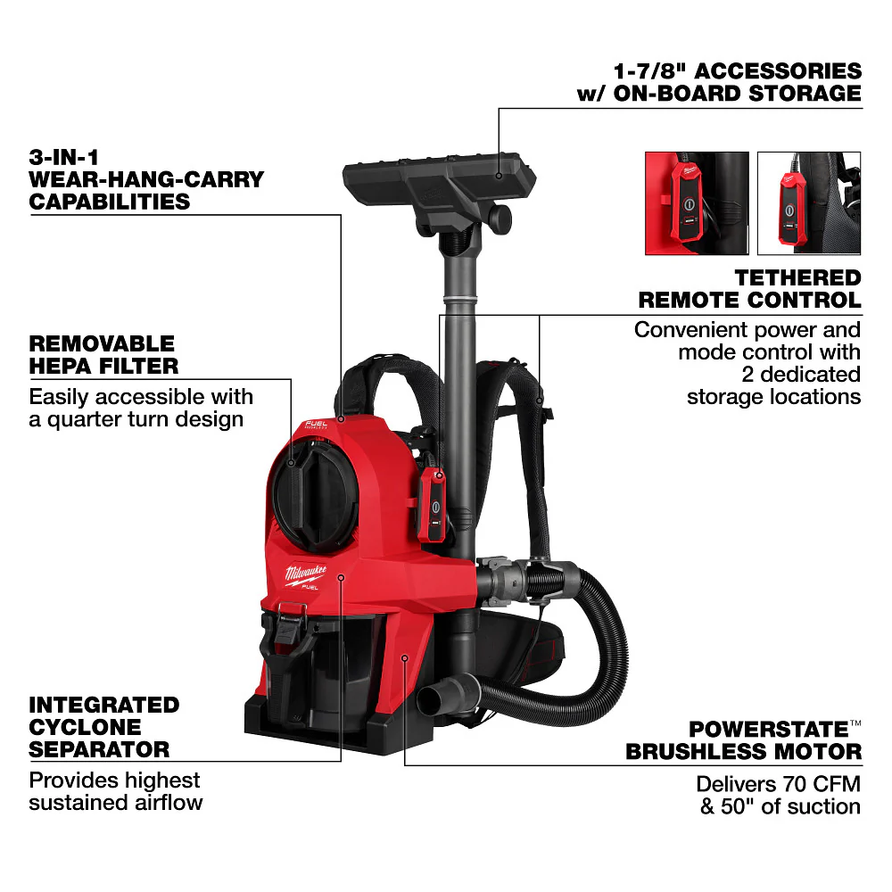 Milwaukee 0895-20 M18 FUEL 18V 3-in-1 Cordless Backpack Vacuum - Bare Tool