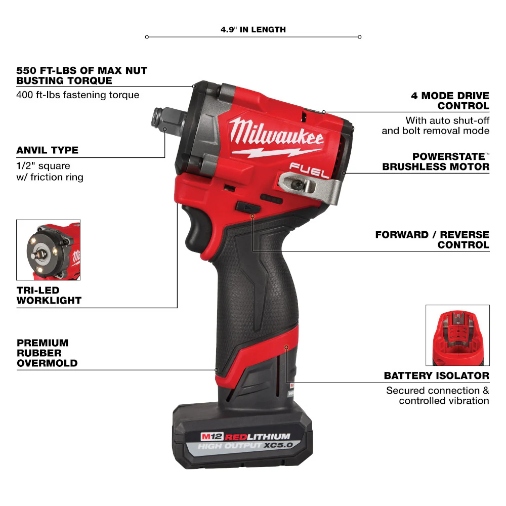 Milwaukee 2563-22 M12 FUEL 12V 1/2 Corddles Stubby Impact Wrench Kit