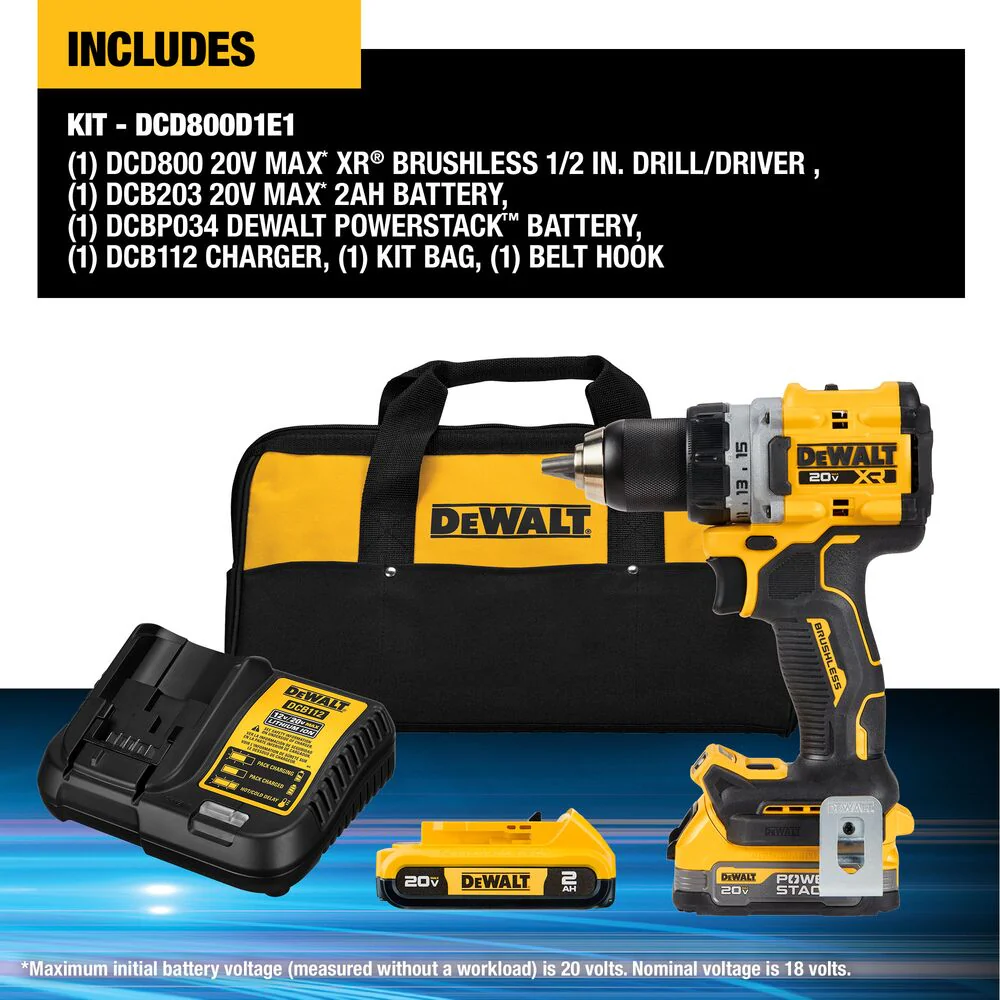 DeWALT DCD800D1E1 20V MAX XR 1/2 Brushless Cordless Drill/Driver Kit