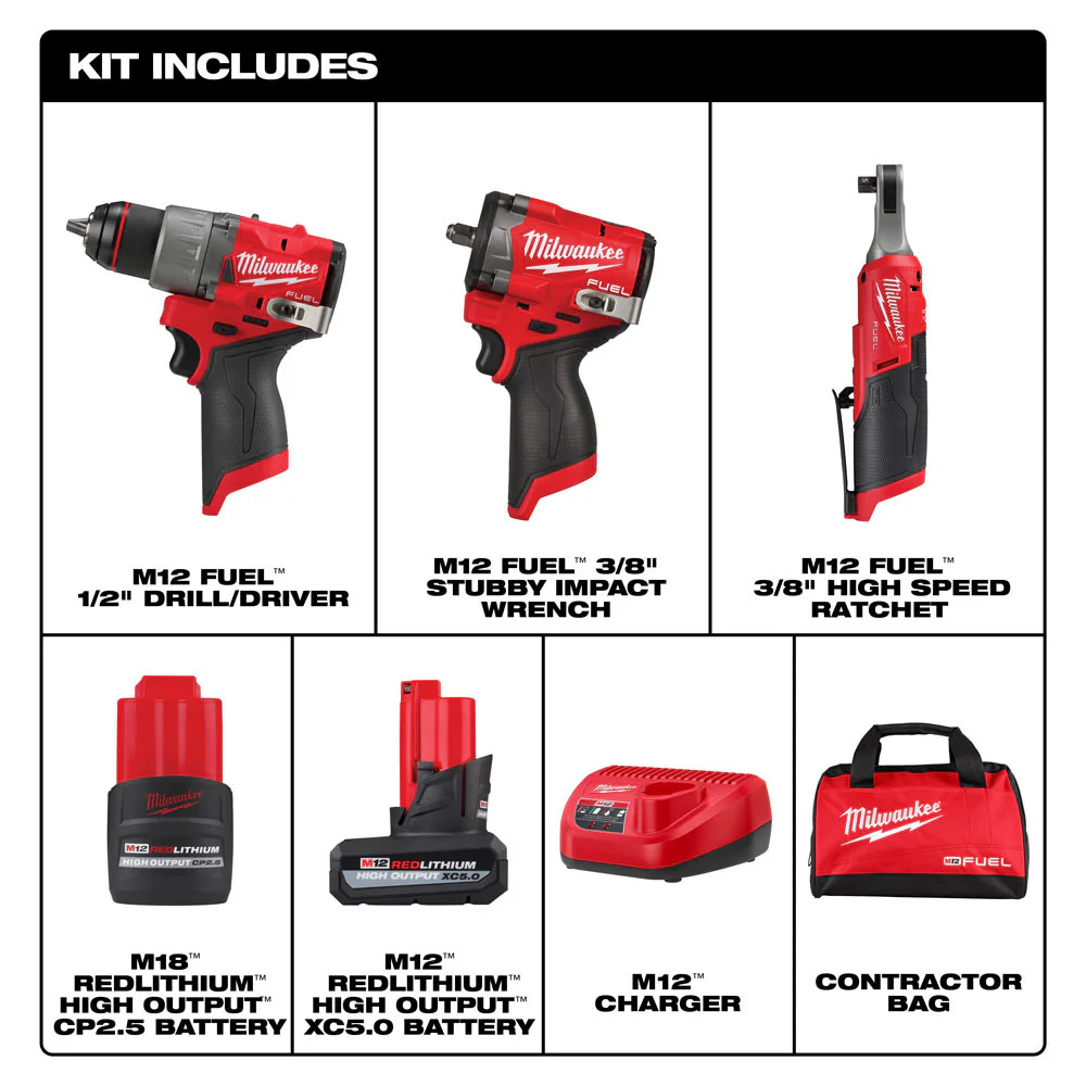 Milwaukee 3424-23 M12 FUEL 12V Lithium-Ion Cordless 3-Tool Combo Kit