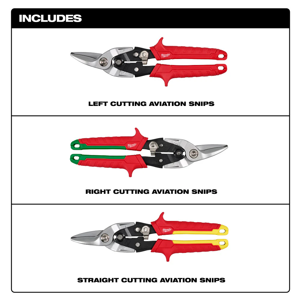 Milwaukee 48-22-4563 Durable Aviation Snip Set w/ Color Coded Handles - 3 PC