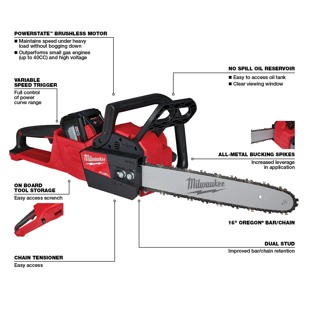 Milwaukee 2727-21HDCH M18 FUEL 18V 16 Cordless Chainsaw w/Extra Replacement Chain