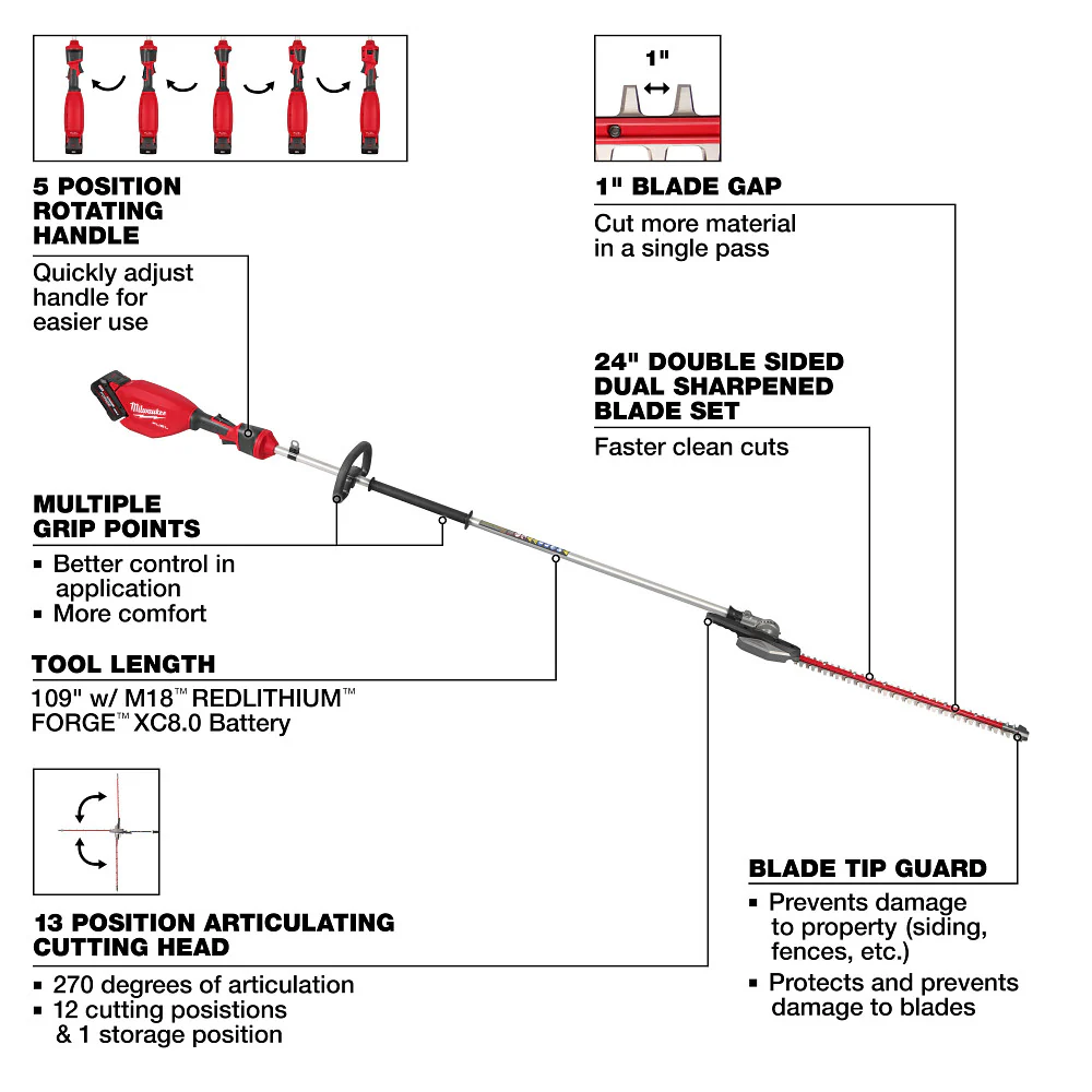 Milwaukee 3035-21 M18 FUEL 18V Extended Pole Articulating Hedge Trimmer Kit