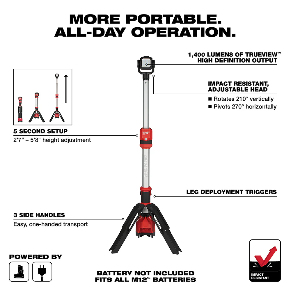 Milwaukee 2132-20 M12 12V 1.400-Lumen Dual Power Tower Light - Bare Tool