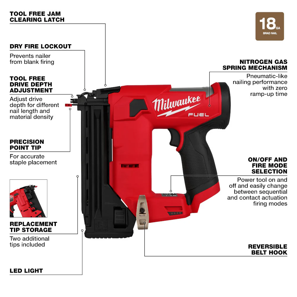 Milwaukee 2541-20SK M12 FUEL 12V 18 Gauge Brad Nailer w/ 2AH Battery/Charger