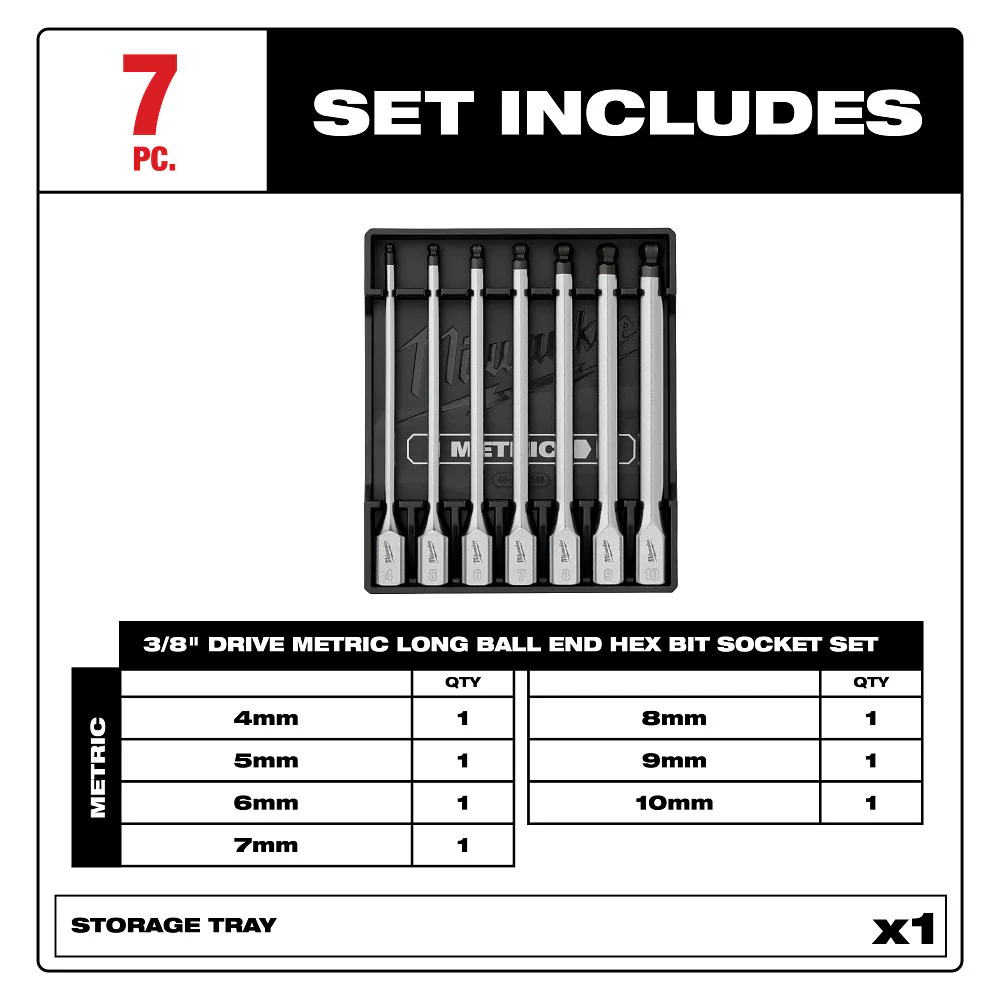Milwaukee 48-22-9548 3/8 Drive Long Ball End Hex Bit Socket Set - Metric - 7 PC