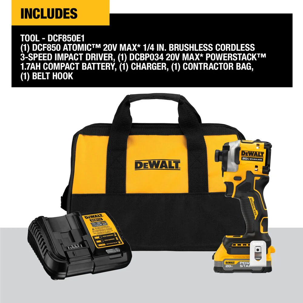 DeWALT DCF850E1 20V ATOMIC MAX 1/4 Impact Driver Kit w/ POWERSTACK