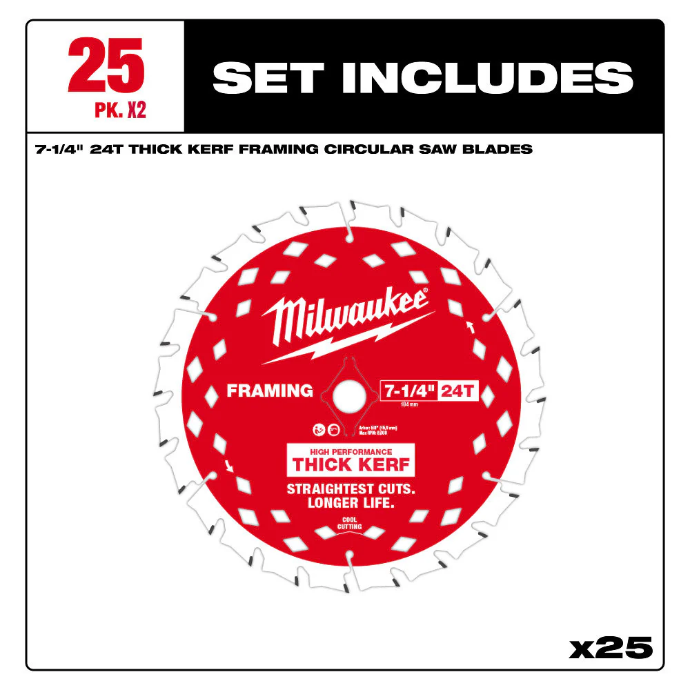 Milwaukee 48-40-2740x2 7-1/4 24T Thick Kerf Framing Circular Saw Blade - 50 PK