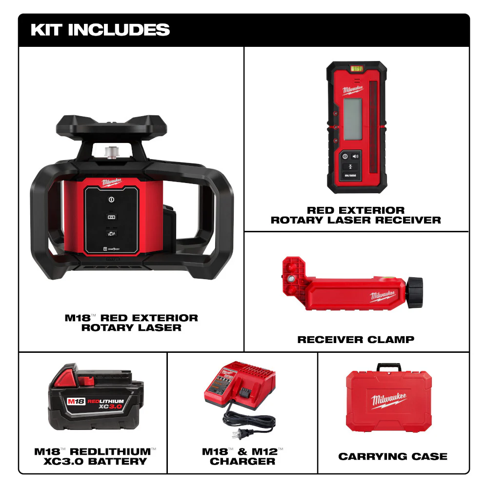 Milwaukee 3701-21 M18 18V Red Exterior Rotary Laser Level Kit w/ Receiver