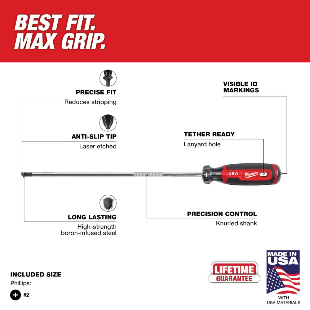 Milwaukee MT204 #2 10 Cushion Grip Phillips Screwdriver - Made In USA