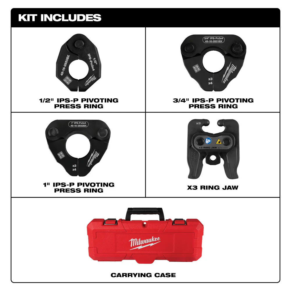 Milwaukee 49-16-2496X 1/2-1 IPS-P Pivoting Press Ring Kit for M12 FORCE LOGIC