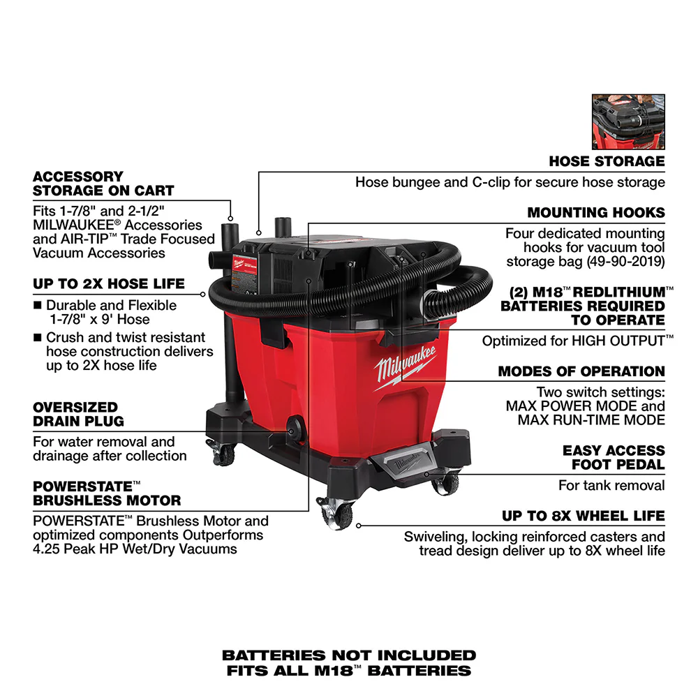 Milwaukee 0920-20DS M18 FUEL 9 Gallon Wet/Dry Vacuum w/ Debris Separator