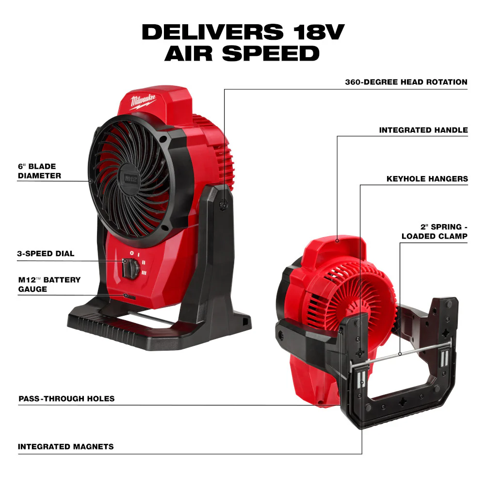 Milwaukee 0820-20 M12 12V Cordless Li-Ion Mounting Fan - Bare Tool