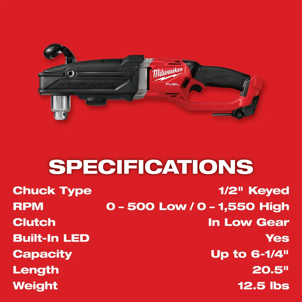 Milwaukee 2809-20 M18 FUEL 18V 1/2 Inch Super Hawg Right Angle Drill - Bare Tool